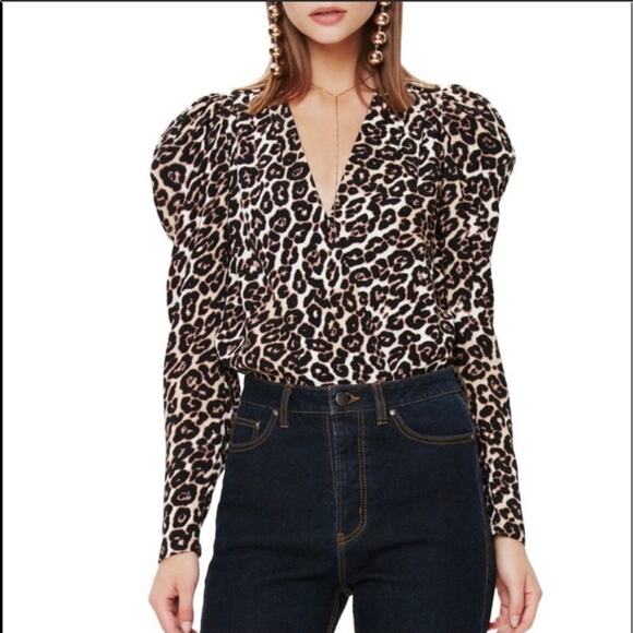 AFRM Revolve women's leopard print Nora plunging V long sleeve body suit SZ S - Picture 1 of 13